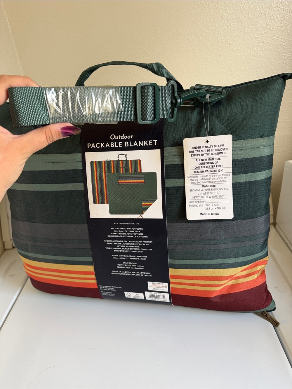 Pendleton Green Striped Packable Outdoor Blanket - Picture 2 of 3